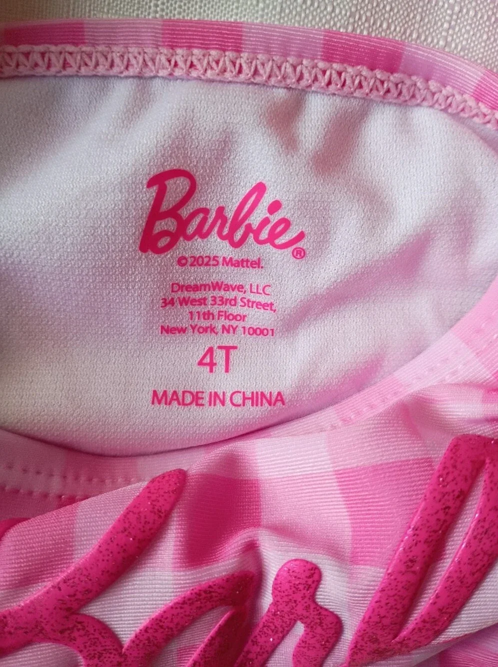 Barbie Girl's Pink Gingham Ruffle Two-Piece Swim Set Bikini Tankini Size 4